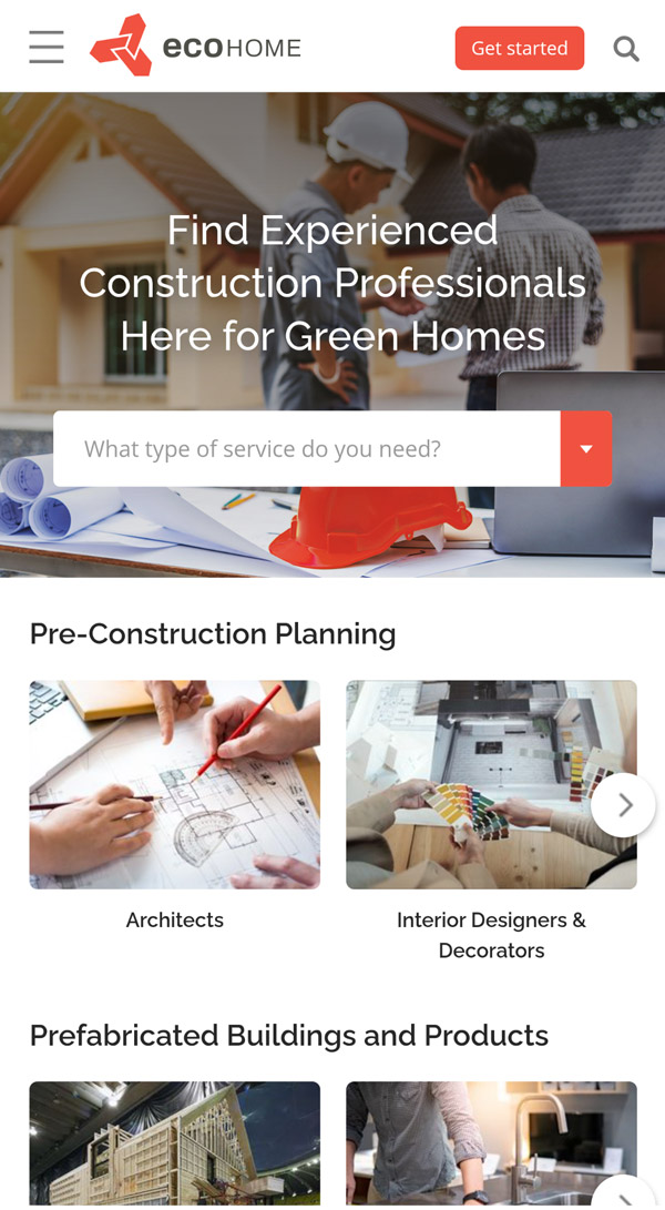 Ecohome.net professional directory showing some of the platform highlights